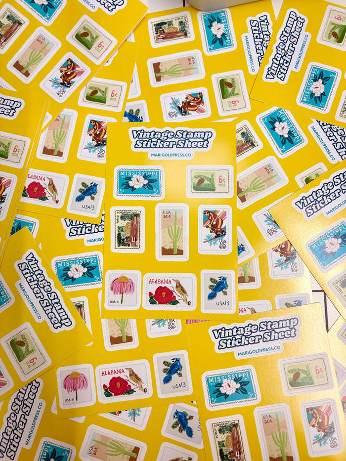 Marigold Press - Vinyl Vintage Postage Stamp Sticker Sheet