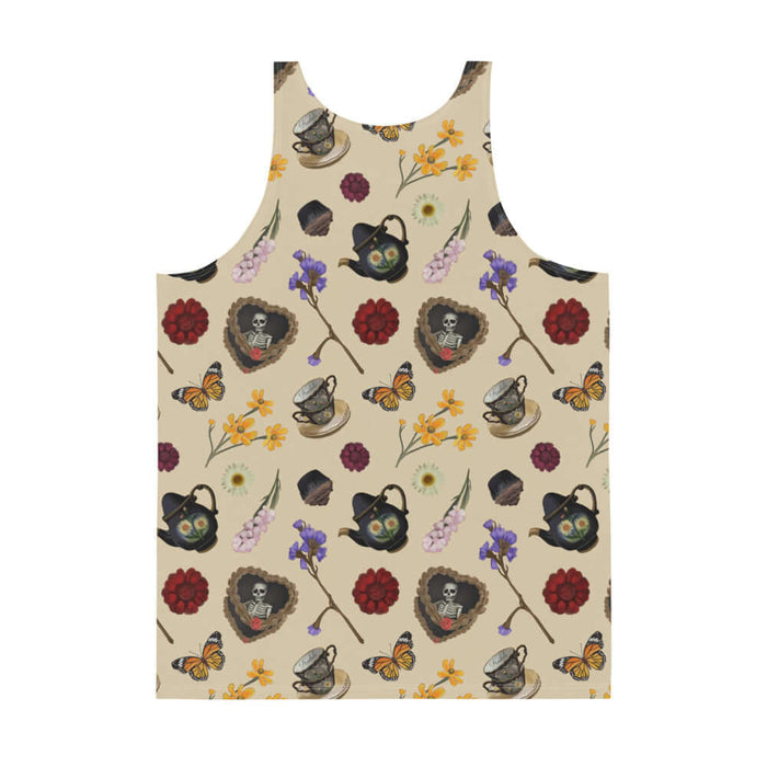 Gothic Tea Time men's tank top in black with pink snapdragons and golden cosmos, pastel goth fashion