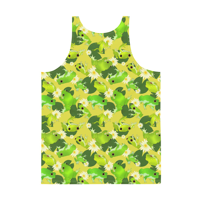 Kero-kero kawaii men's tank top in green with bright green frogs and creamy lotus flowers