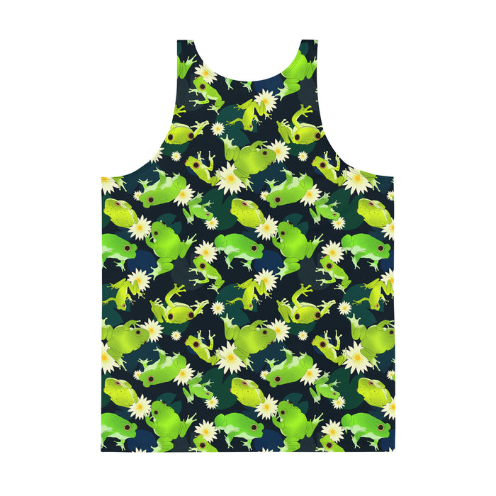 Kero-kero kawaii men's tank top in green with green tree frogs and white water lilies