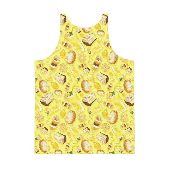 Lemon kawaii men's tank top in yellow with torched meringue peaks and layered parfaits