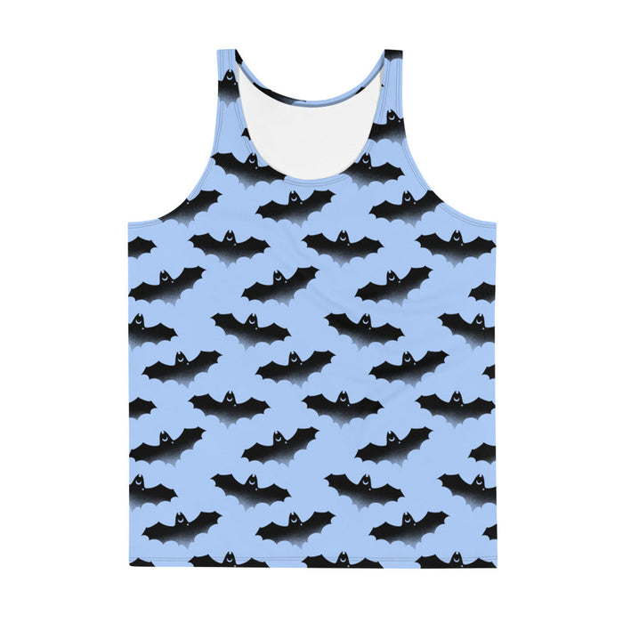 Lilith pastel-goth men's tank top in blue with watercolor bats and drifting clouds