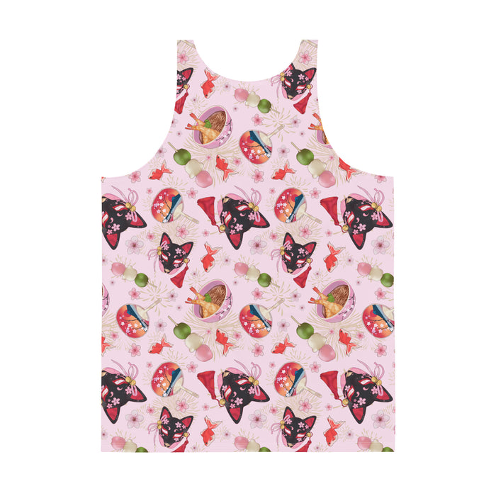 Men's Matsuri kawaii tank top with sakura-painted kitsune masks and goldfish