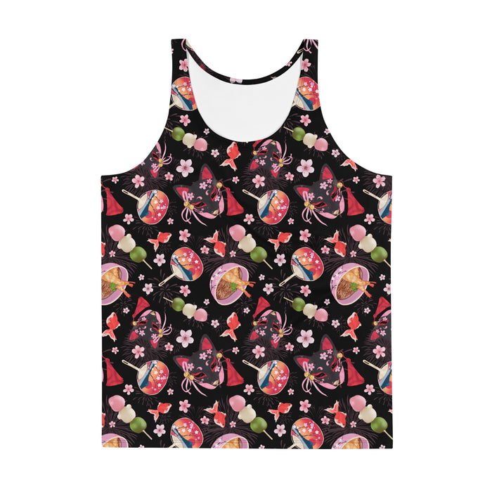 Men's Matsuri kawaii tank top with red goldfish and cherry blossoms