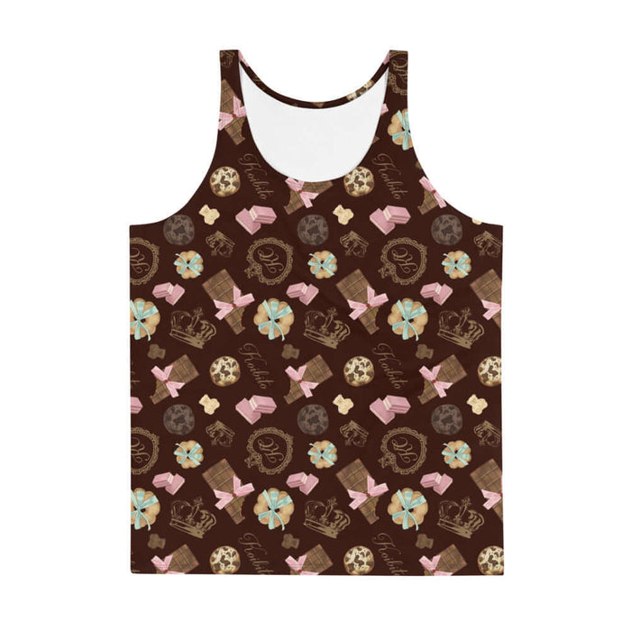 Royal Cookie kawaii men's tank top in vanilla cream with gilded monogram crests and pink bows