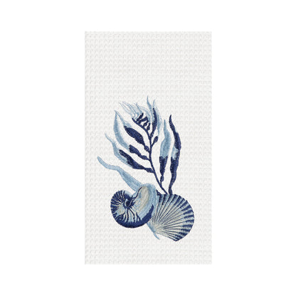 A Midnight Lagoon Shells Waffle Weave Kitchen Towel.