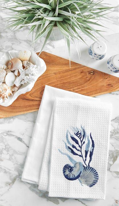 A Midnight Lagoon Shells Waffle Weave Kitchen Towel.