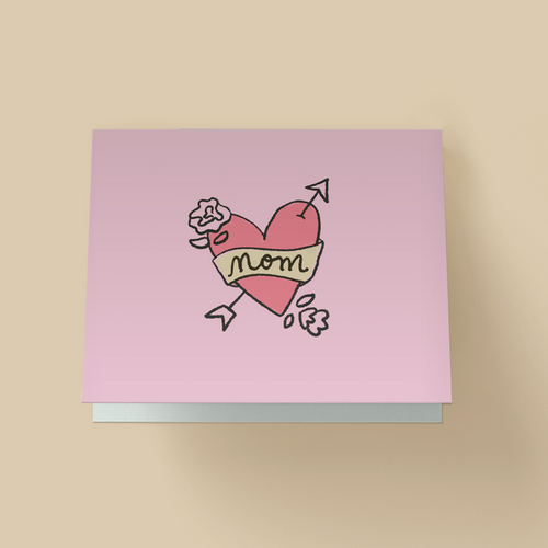 Mother's Day greeting card with hand-drawn tattoo-style illustration. A pink heart is pierced by an arrow, wrapped with a light yellow banner that says "Mom" in script, with small flowers and petals around it. Background is pale pink