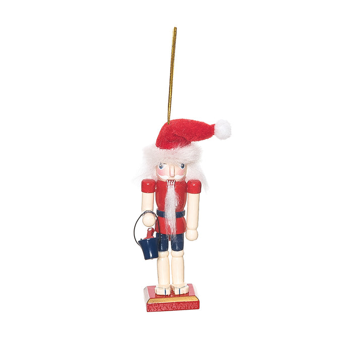 A Nutcracker in Christmas Hat with Bucket Ornament.