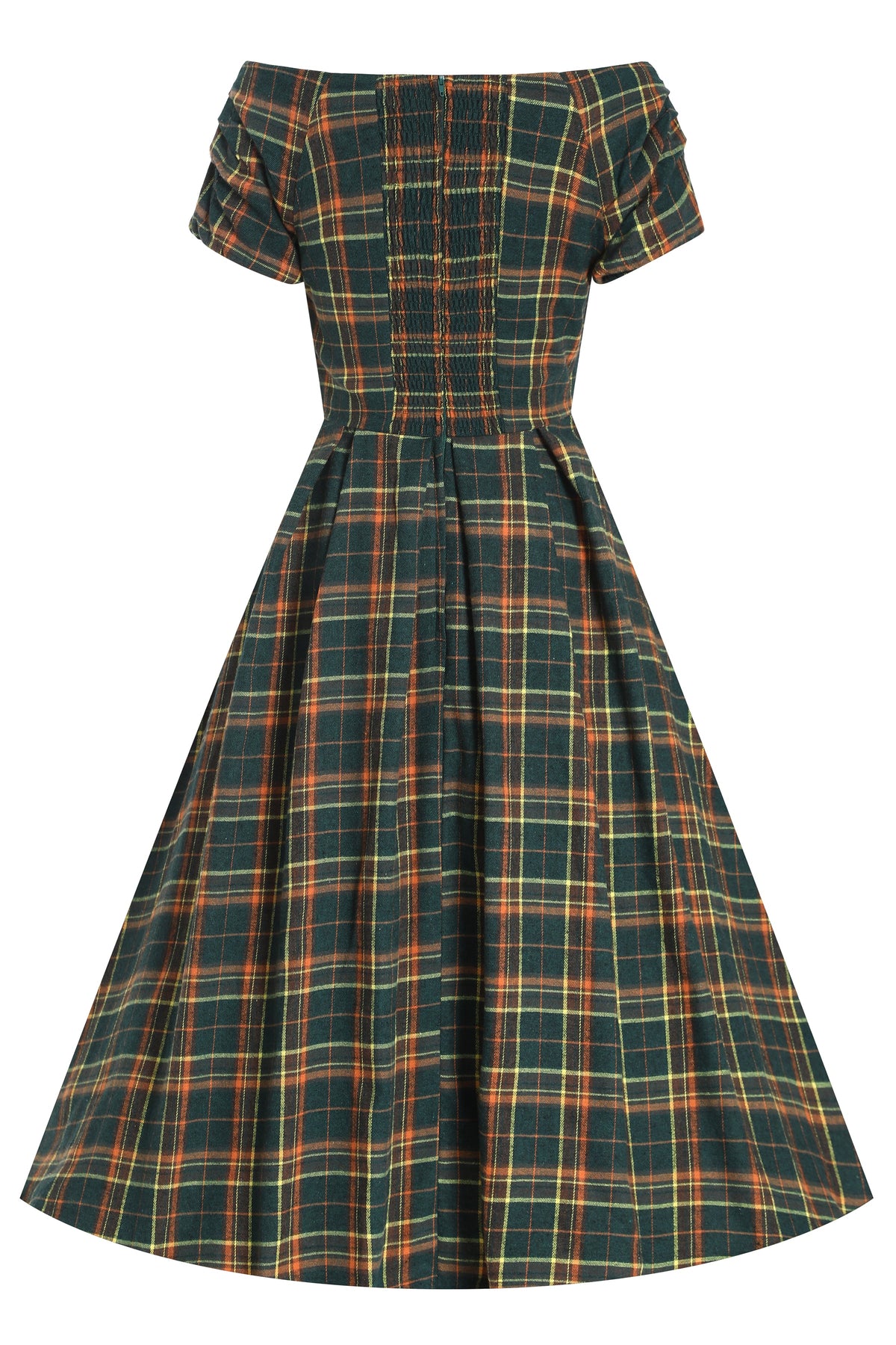 Lily Off Shoulder Green Tartan Check Circle Dress