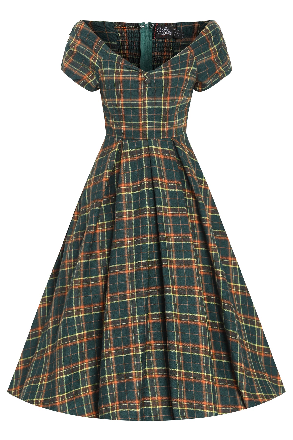 Lily Off Shoulder Green Tartan Check Circle Dress