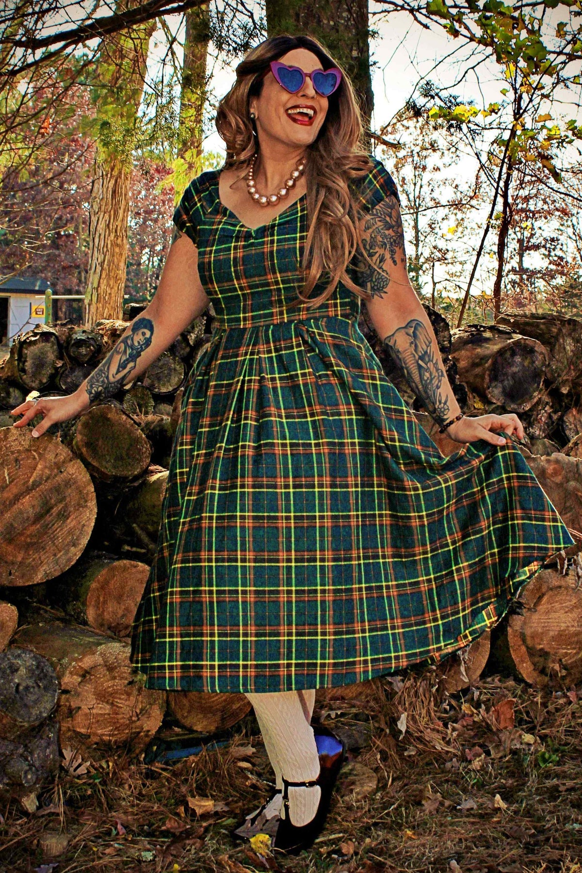 Lily Off Shoulder Green Tartan Check Circle Dress