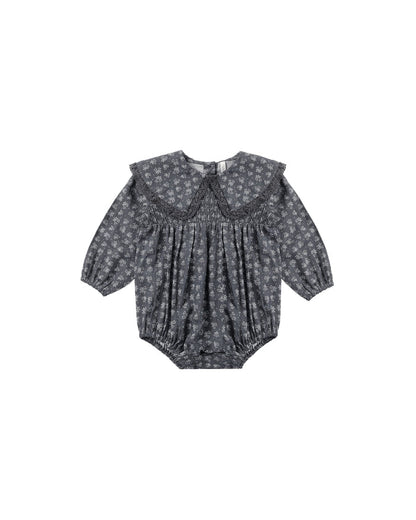 one piece smocked heart ditsy print romper - midnight
