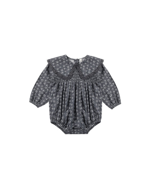 one piece smocked heart ditsy print romper - midnight