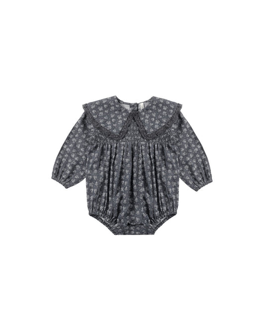 one piece smocked heart ditsy print romper - midnight