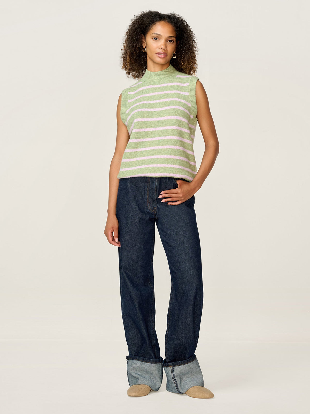 Pauli Funnel Neck Stripe Vest in Green and Pink