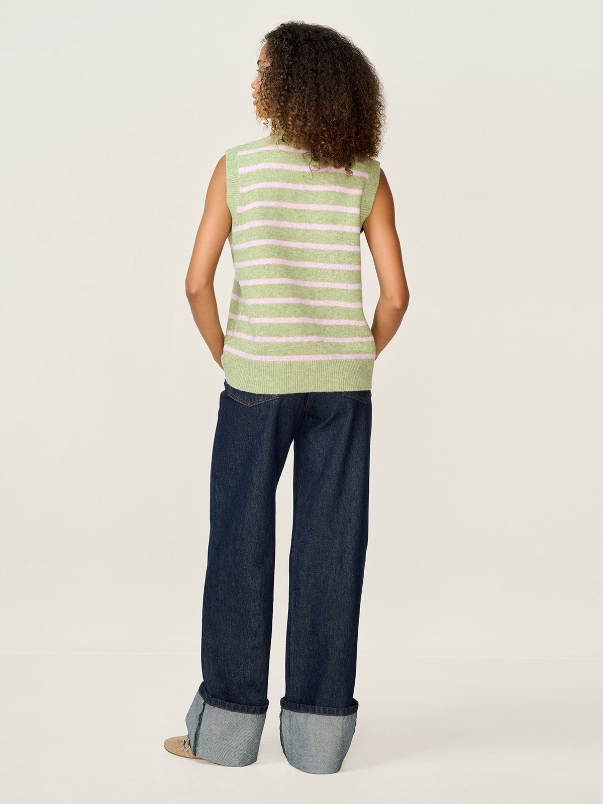 Pauli Funnel Neck Stripe Vest in Green and Pink