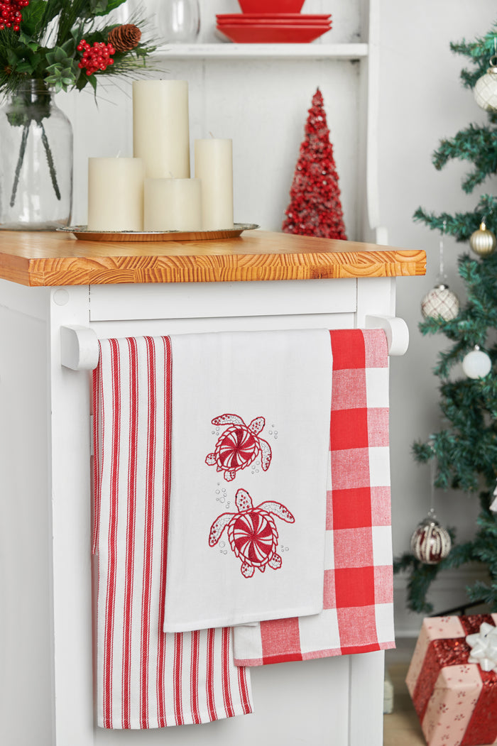 A Peppermint Turtles Flour Sack Kitchen Towel.