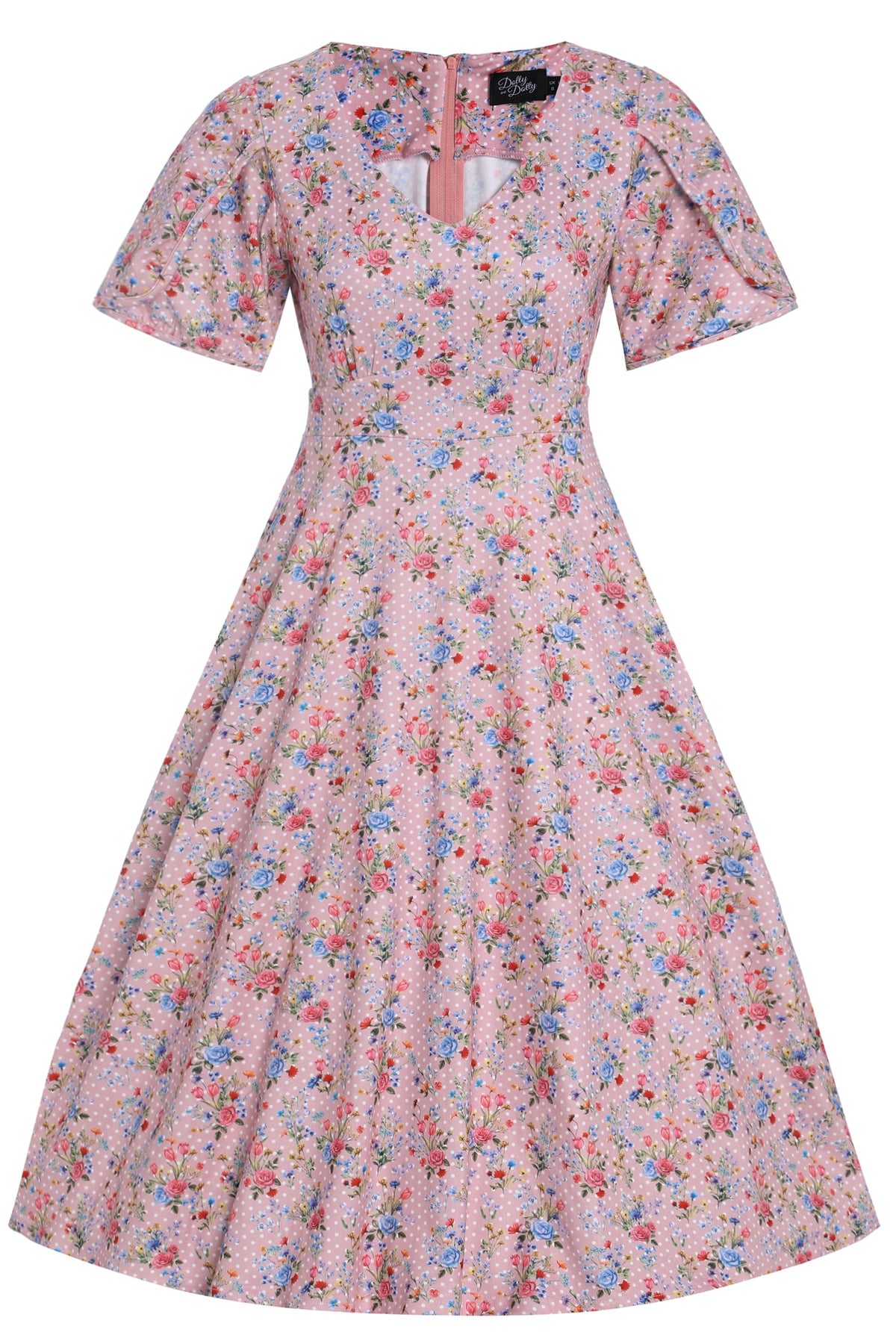 Janice Pink Floral Polka Dot Petal Sleeve Dress