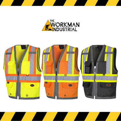 Pioneer hi-viz surveyor's safety vests with a breathable mesh back in yellow, orange, and black.