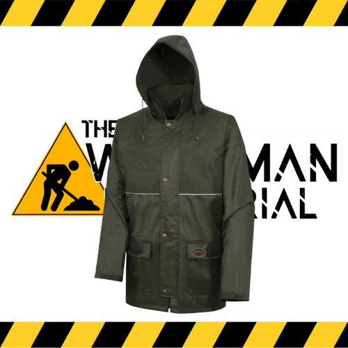 Front view of the Pioneer Nailhead Ripstop Tree Planter Jacket with hood up.