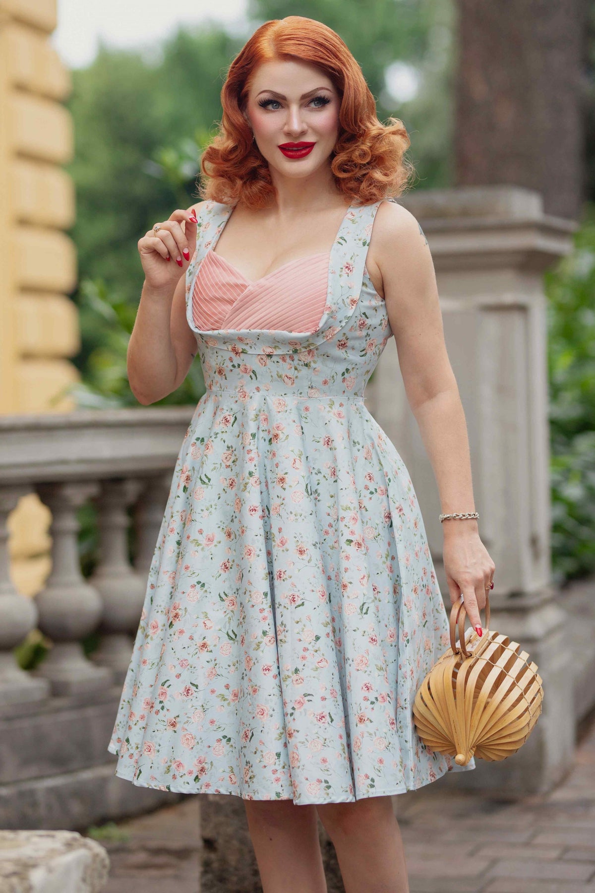 Grace Pleated Bust Dress in Baby Blue/Pink Floral Print