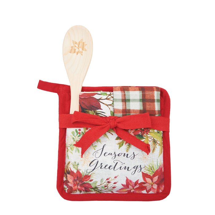 A Poinsettia Greetings Potholder Set.