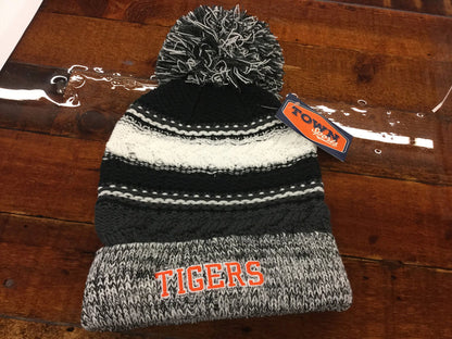 POM HAT BLACK GREY EMBROIDERED TIGERS