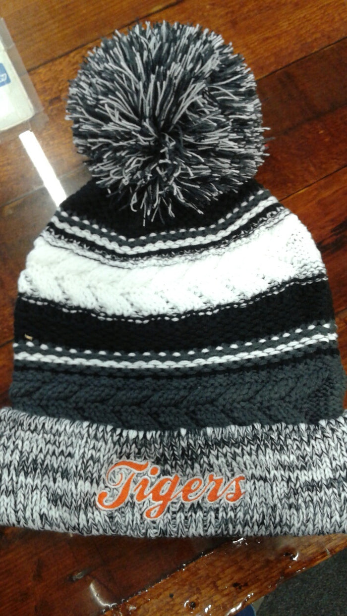 POM HAT BLACK GREY EMBROIDERED TIGERS