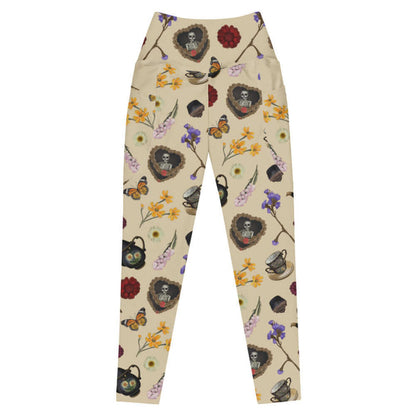 Gothic Tea Time premium high-waisted leggings in black with gilded teacups and purple irises, gothic activewear
