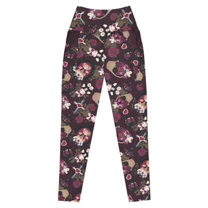 Gothic Teddy premium leggings in mauve and charcoal with grey-blue roses and black bows, goth activewear