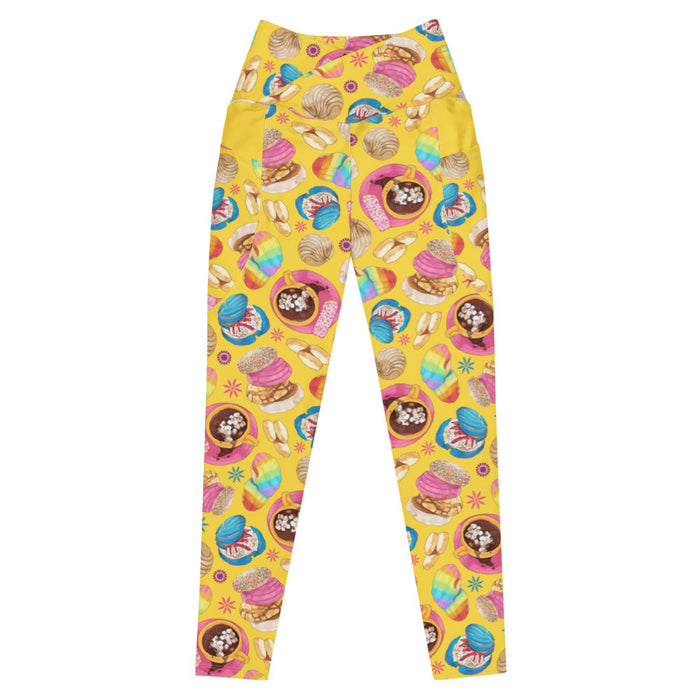 Pan Dulce kawaii premium leggings in yellow with rainbow-striped conchas and blue drizzled conchas