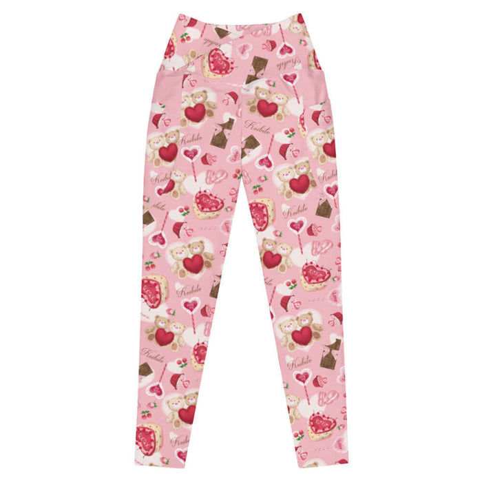 Sugar Sweetheart kawaii premium high-waisted leggings in pastel pink with satin-bowed chocolate bars and love-note lollipops