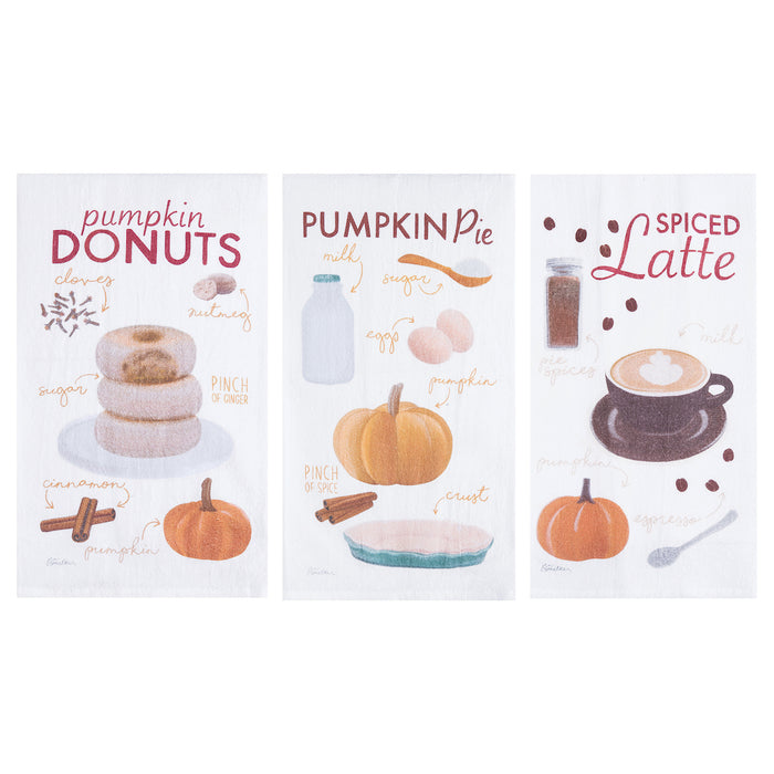 A Pumpkin Pie, Donut, & Latte Printed Kitchen Towel, Set of 3.