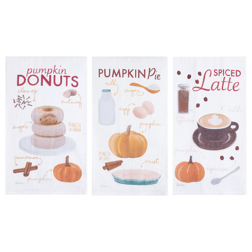 A Pumpkin Pie, Donut, & Latte Printed Kitchen Towel, Set of 3.
