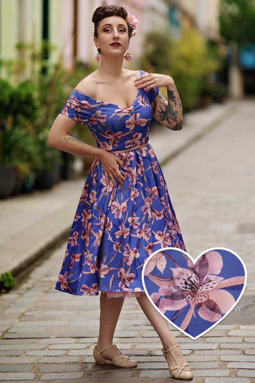 Lily Purple Alstroemeria Off Shoulder Dress