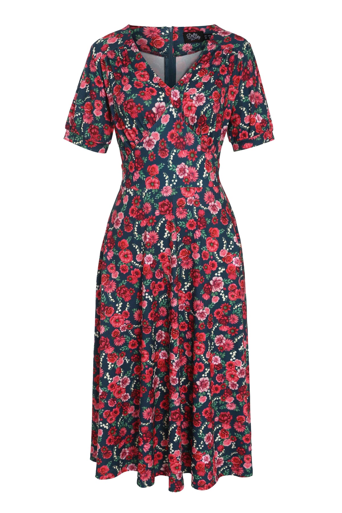 Julia Red Floral Midi Dress In Petrol Blue