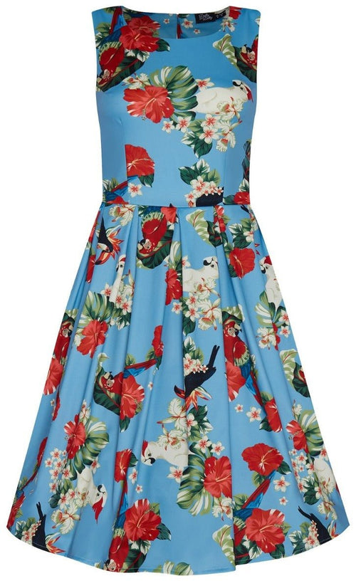 Annie Pecan, Parrot & Leaf Print 1950 Inspired Dress