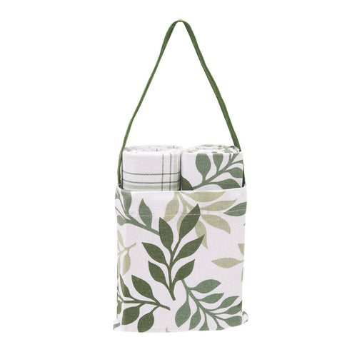 A Sage Foliage & Plaid Kitchen Towel & Bag Set.