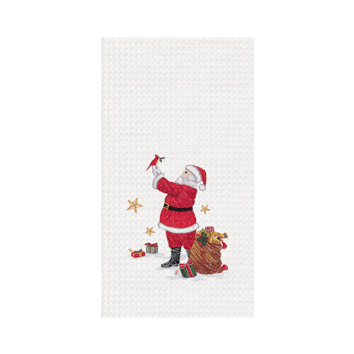 A Santa and Cardinal Waffle Weave Kitchen Towel.