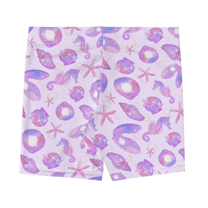 Sea Princess kawaii shorts with conch shells and scallop shells in pastel blue, pink and purple