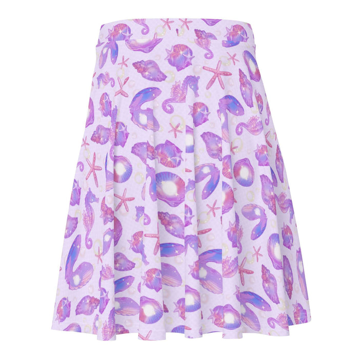 Sea Princess kawaii skater skirt with starfish and spiral conch shells in pastel blue, pink and purple