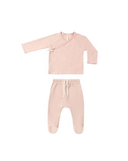 set knit wrap top and footie pants with knot beanie - dusty rose