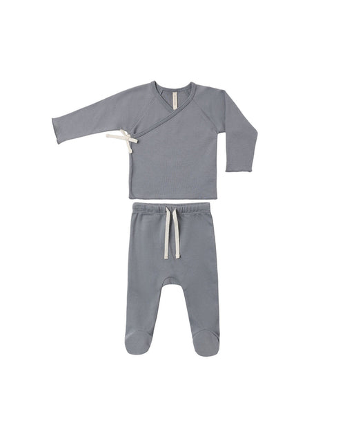 set knit wrap top and footie pants with knot beanie - slate
