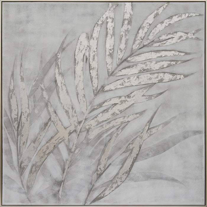 Silver Leaves Hand-Painted Canvas Artwork Oil Painting 40 x 40 - Framed - Art - - Greathouse