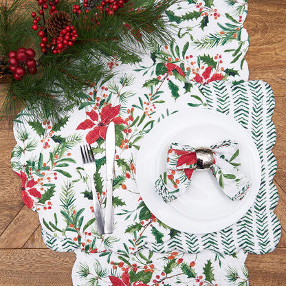 Silvia Poinsettia Table Linens table linens displayed as a coordinated tabletop setting.
