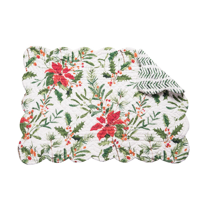 Silvia Poinsettia Table Linens table linens displayed as a coordinated tabletop setting.