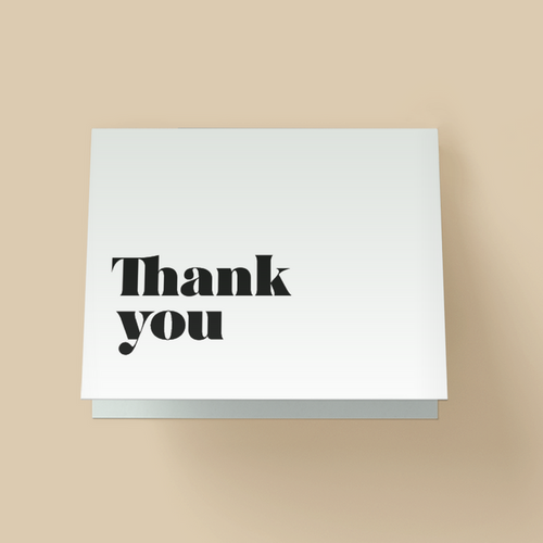 Minimalist white 'Thank you' greeting card with bold black serif lettering.
