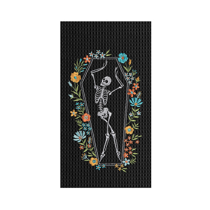A Skeleton Coffin Dance Waffle Weave Kitchen Towel.