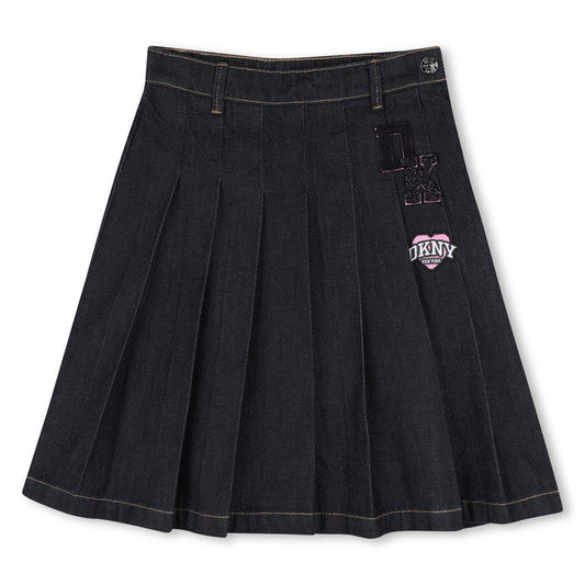 skirt denim pleated with logo patch - denim blue-z38